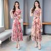 Spring and Summer V-neck New Fashion Korean Version of Ice Silk Printing Dress Waist Slim Knee Super Long Dress