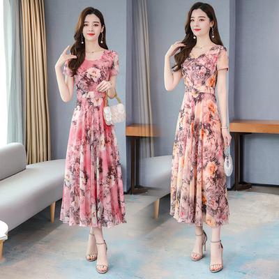 Spring and Summer V-neck New Fashion Korean Version of Ice Silk Printing Dress Waist Slim Knee Super Long Dress