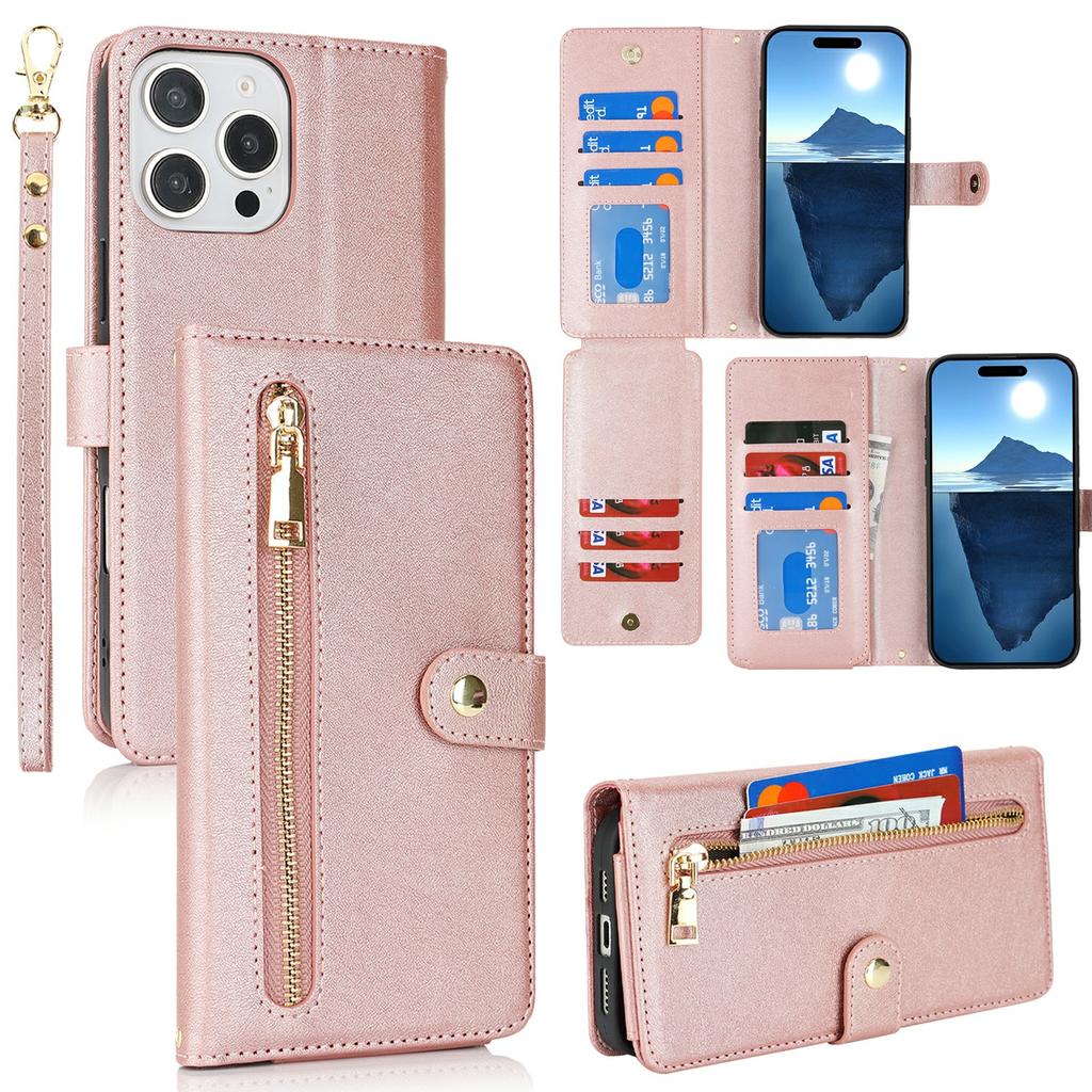 For iPhone 16 Pro Max Stand Case PU Leather Phone Cover with Straps/Zipper Wallet/Multiple Card Slots
