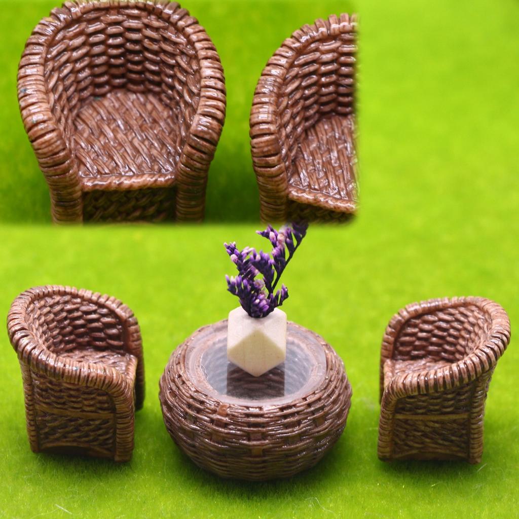 Miniature Resin Wicker Table And Chairs Set Handcrafted Realistic Details For Dollhouse Accessories And Miniature Scenes