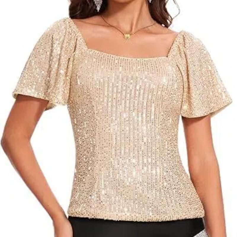 2026 Women's Fashionable Short Sleeve Blouse Square Neck Sequin Puff Sleeve Versatile Glamorous Blouses with Sequins and Puff Sleeves