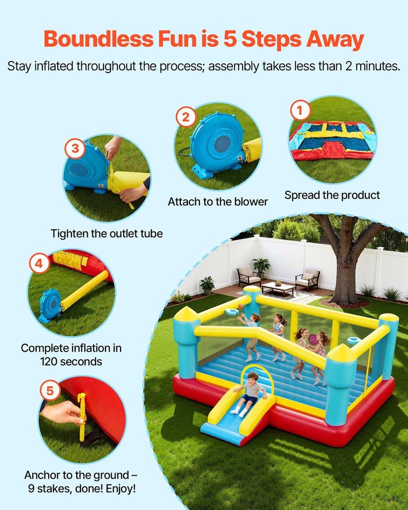 Inflatable Bounce House, 14.7 X 13.8 X 6.8 Ft Jumping Bouncy Castle, Inflatable Jumper for Kids with Slide, Basketball Hoop, Target Game & Jumping