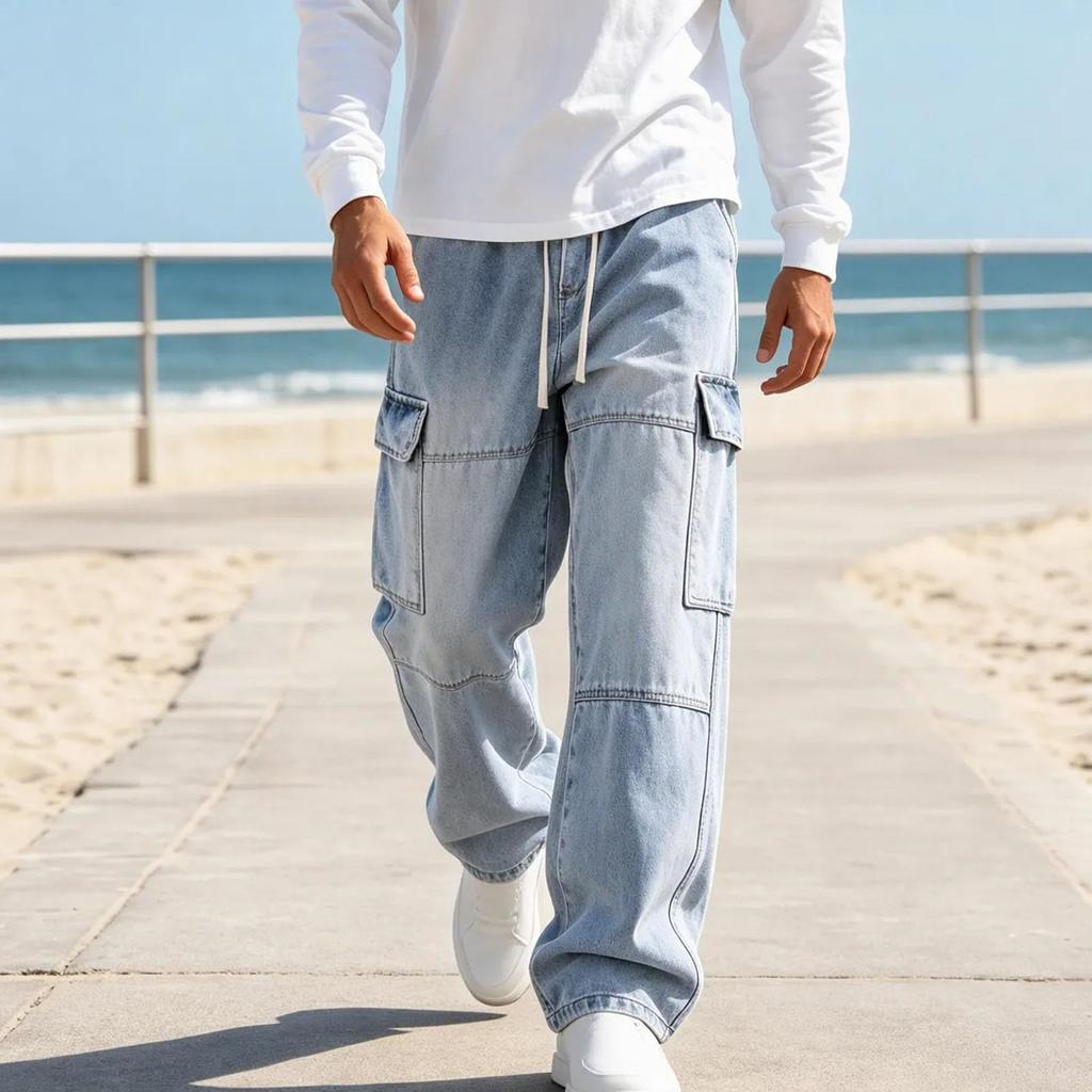 Men's Loose Fit Denim Cargo Pants with Elastic Waist, Streetwear Casual Outdoor Trousers