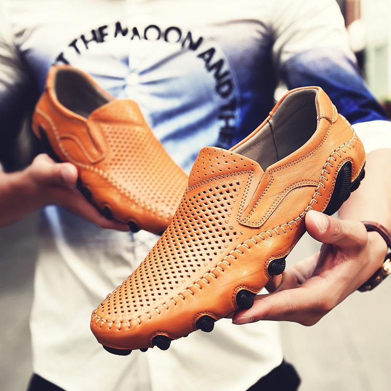 Fashion Summer Men's Punching Leather Loafers Non Slip Walking Breathable Outdoor Casual Hollow Out Sneakers Male Business Office Shoes