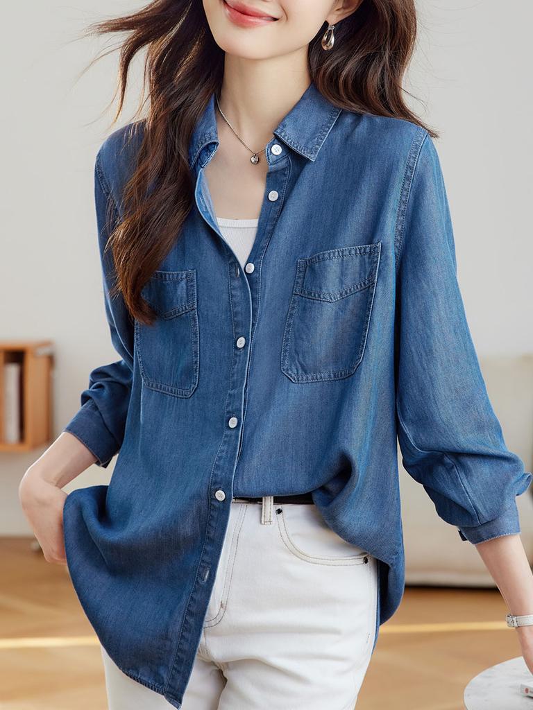 Tencel Denim Blue Shirt For Women Long Sleeve Casual Office Wear With Wrinklefree Technology