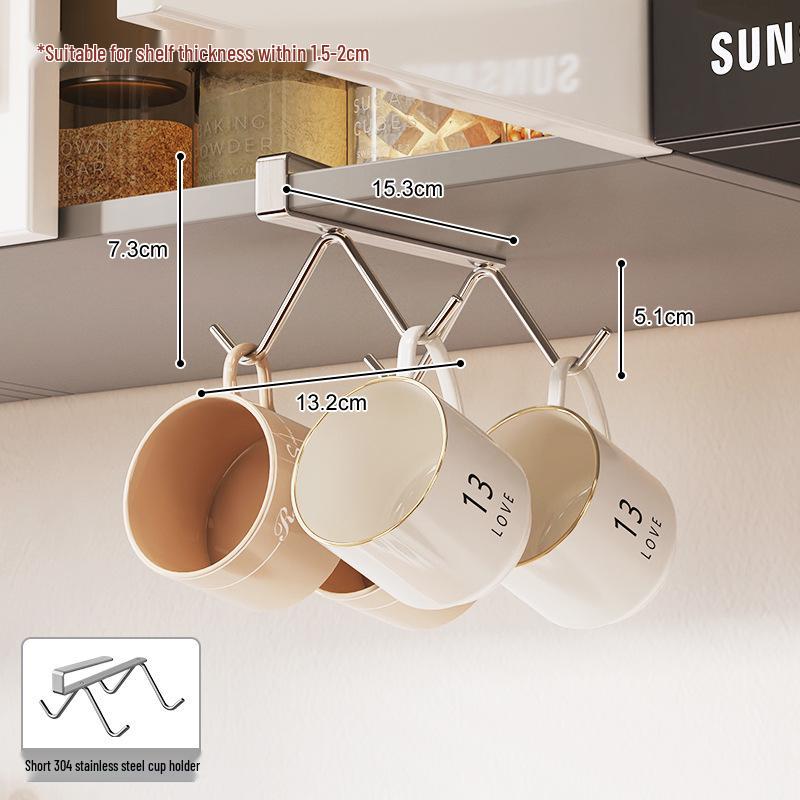 

Wall-Mounted No-Drill 304 Stainless Steel Mug Rack - Under-Cabinet Hanging Storage for Kitchen Cups