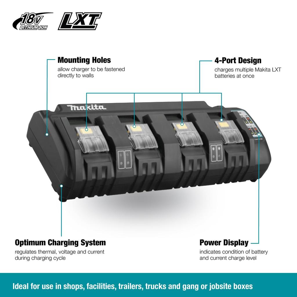 Makita DC18SF Compatible with Full 130 Minutes for Two Battery Chargers 260 Minutes for Four Battery Chargers Simultaneously 4-Port Charger,