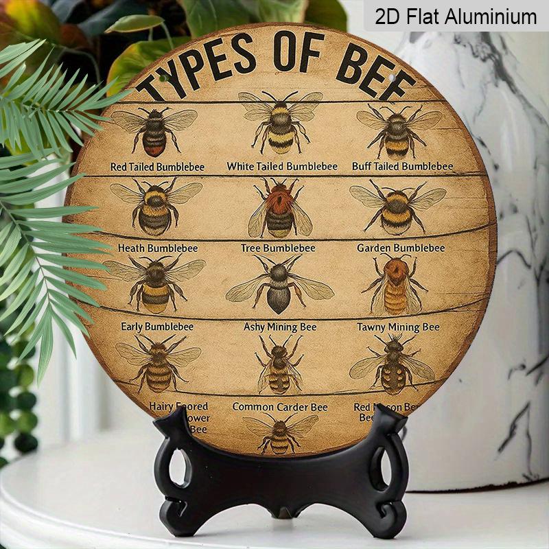 2D Flat, 1pc Vintage Bee Species Chart Aluminum Wall Sign - Round Beekeeper' Knowledge Plaque, Bee Lover Gift, Educational Bee Identification Chart