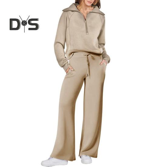 2Pcs/Set Women Solid Color Casual Outfit Lapel Zipper Neckline Long Sleeve Sweatshirt Elastic Waist Drawstring Wide Leg Pants Set