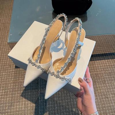 Luxe Dames Hoge Hakken Dames Puntige Neus Feest Bruiloft Schoenen Wit Zwart Stiletto Zomer Strass Slingback Sandalen Vrouwelijk
