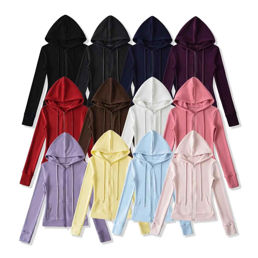 Women's American Style Thermal Fleece Slim Fit Hooded Yoga Sweatshirt with Double Zippers & Large Pockets for Autumn/Winter.