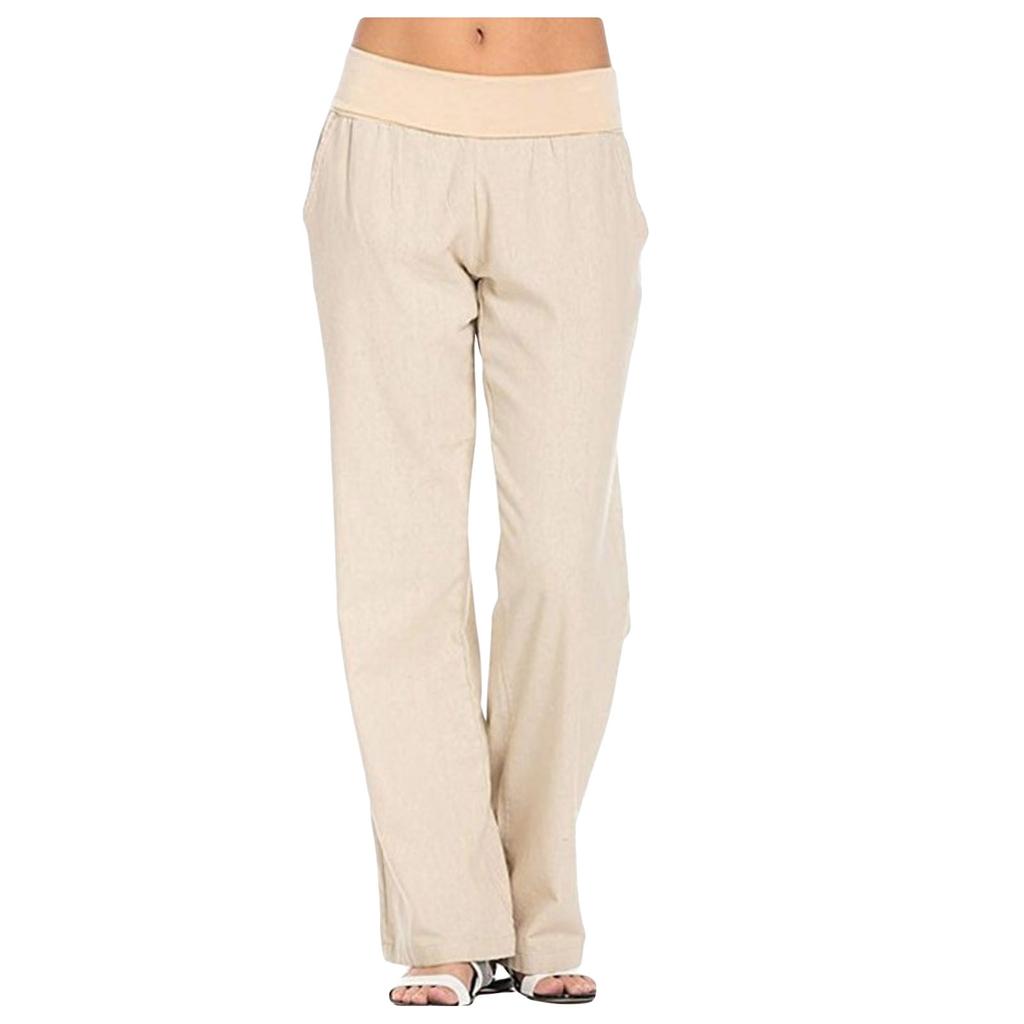 Women's Casual Cotton Linen Straight Pants Elastic Waist Solid Wide Leg Pants