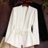 Womens Loose Fit Long Sleeve Tie-Waist Triacetate Blazer Jacket White Office Chic Casual Wear