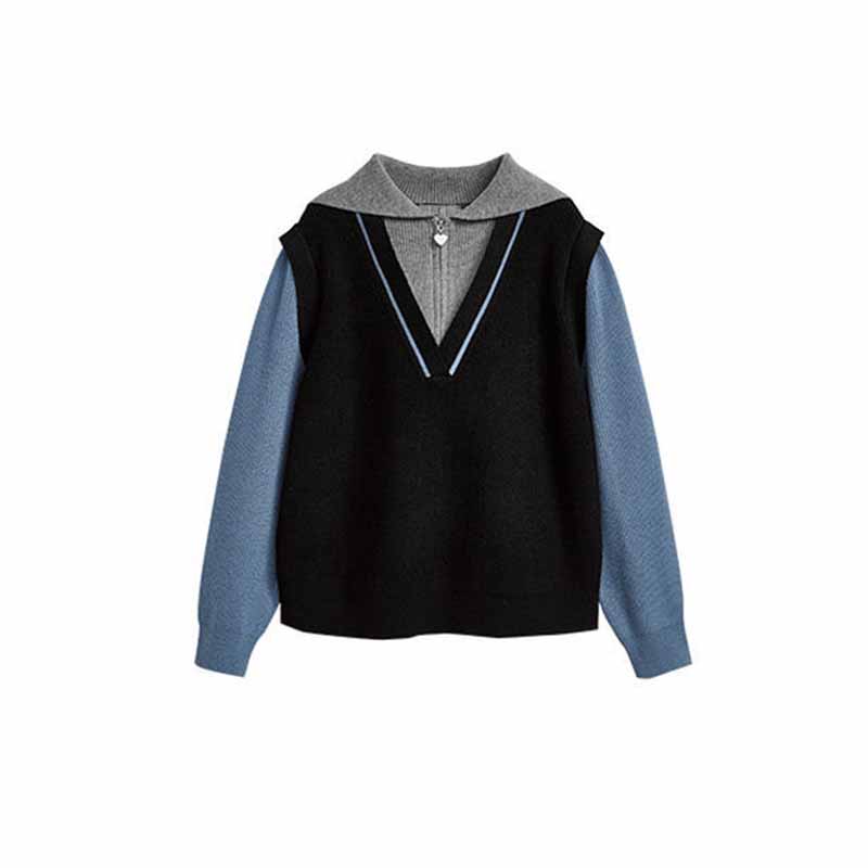 Navy Neck Half Zip Fake Two-piece Color Matching Pullover Women's Autumn and Winter Sweater