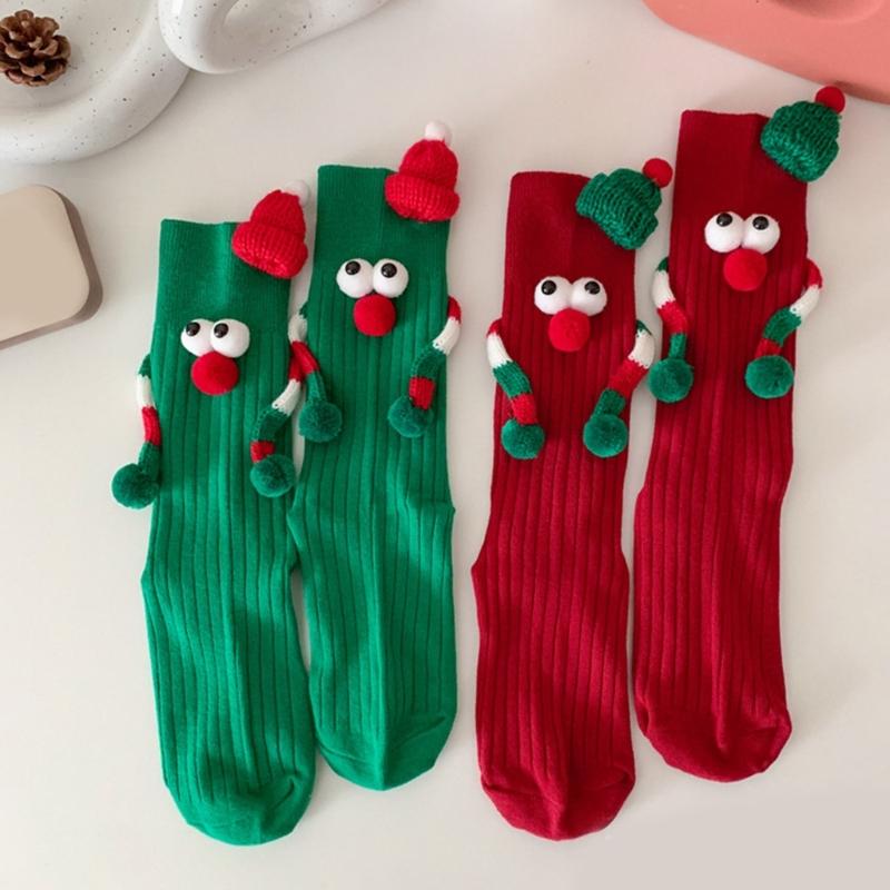 Unisex Couple 3D Santa Hat Dolls Christmas Middle Tube Socks with Magnetic Embellishments for Gifting and Celebrating