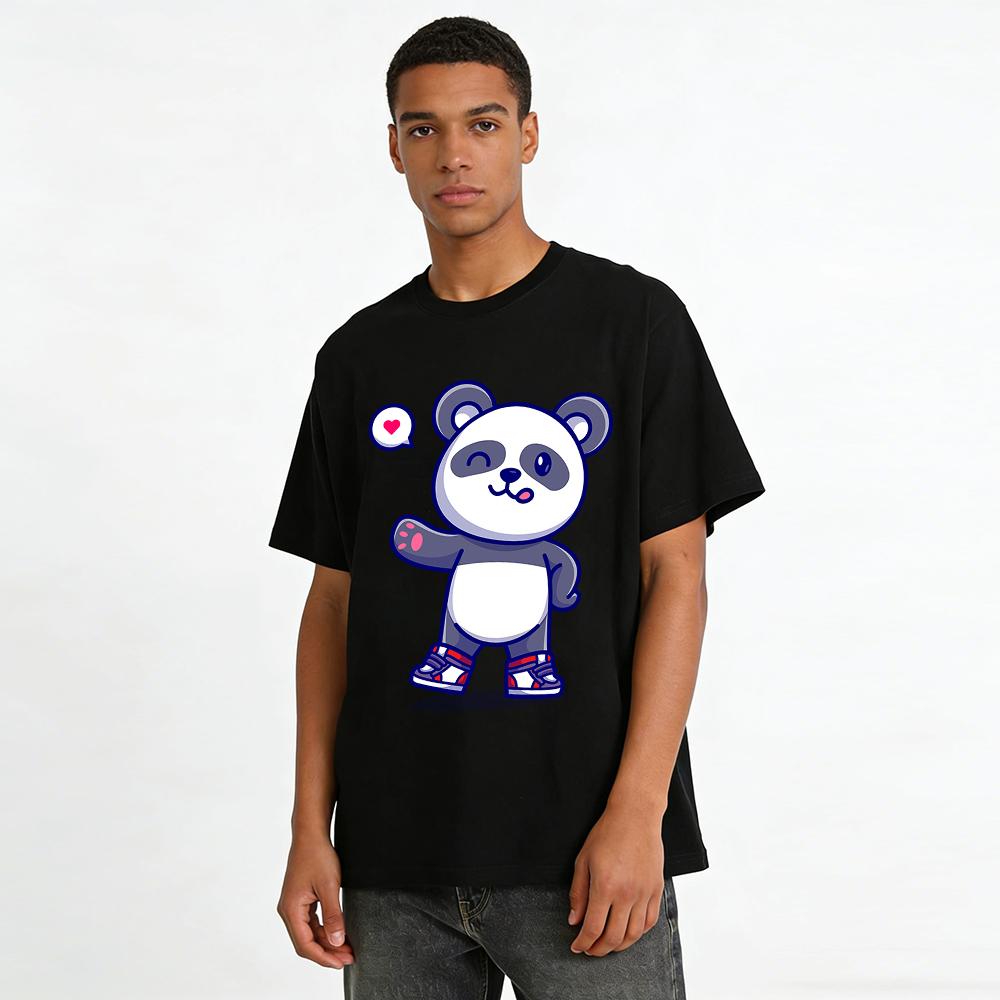 Playful Panda Print Casual Short Sleeve Unisex Loose Fit Top Pure cotton T-shirt