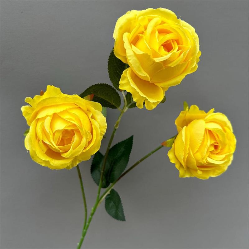 Artificial Rose Branch with Green Leeaf Three Heads Silk Rose Flower