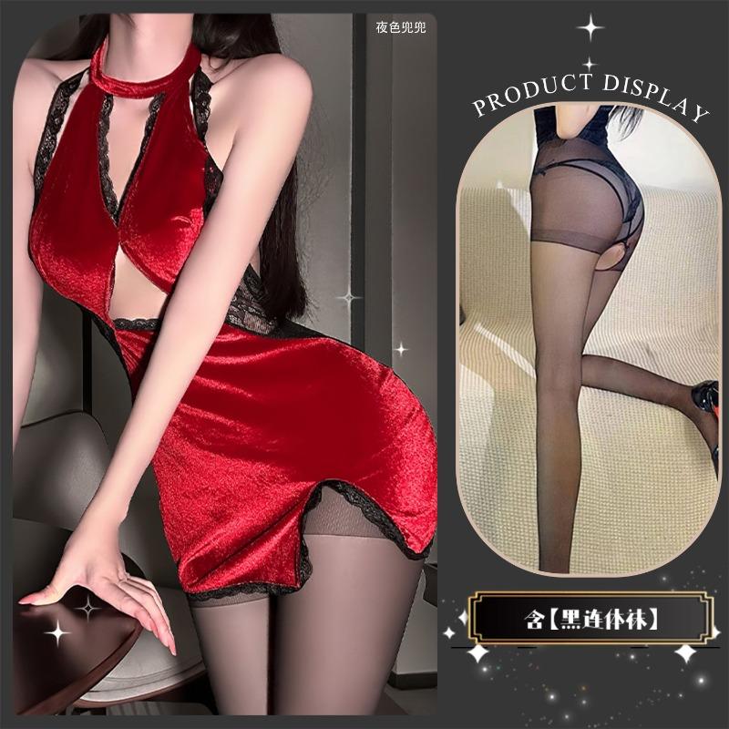 Sexy underwear sexy hot lace splicing velvet temperament gathering and thin purple classical neck cheongsam