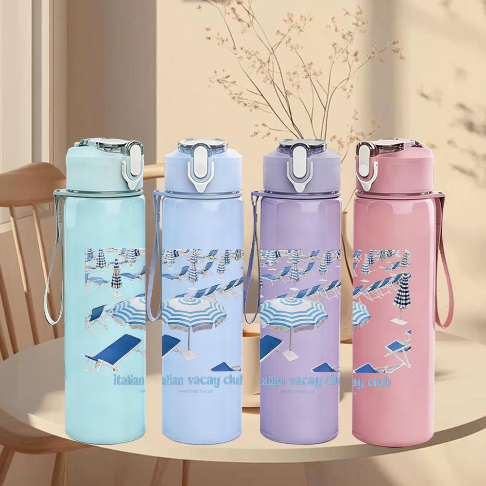 1PC Blue wave ocean abstract print 750ml colorful plastic sports water bottle leakproof pop lid with straw for outdoor office home use