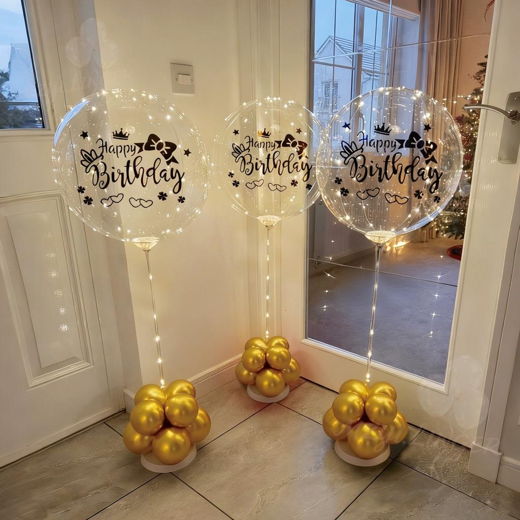LED transparent bobo balloon light string (no battery) with happy birthday sticker, birthday party decoration, photo props