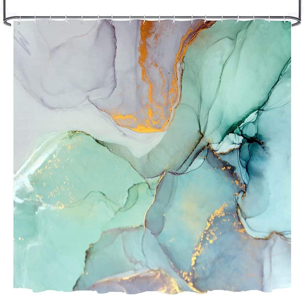 1 Piece Bathroom Decor Set, Marble Green Shower Curtain With Hooks, Watercolor And Abstract Ink Blue And Green