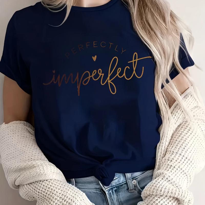 

Loose Fit Round Neck Short Sleeve Top Suitable for Spring Summer Fall, Casual Casual Attire with Lettering Print 4XL темно-синього кольору