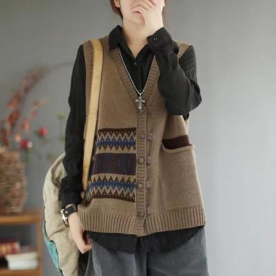 Gestrickte Strickweste Damen Frühling und Herbst Literatur und Kunst Retro Locker Allround Wolle Weste Westenjacke Top