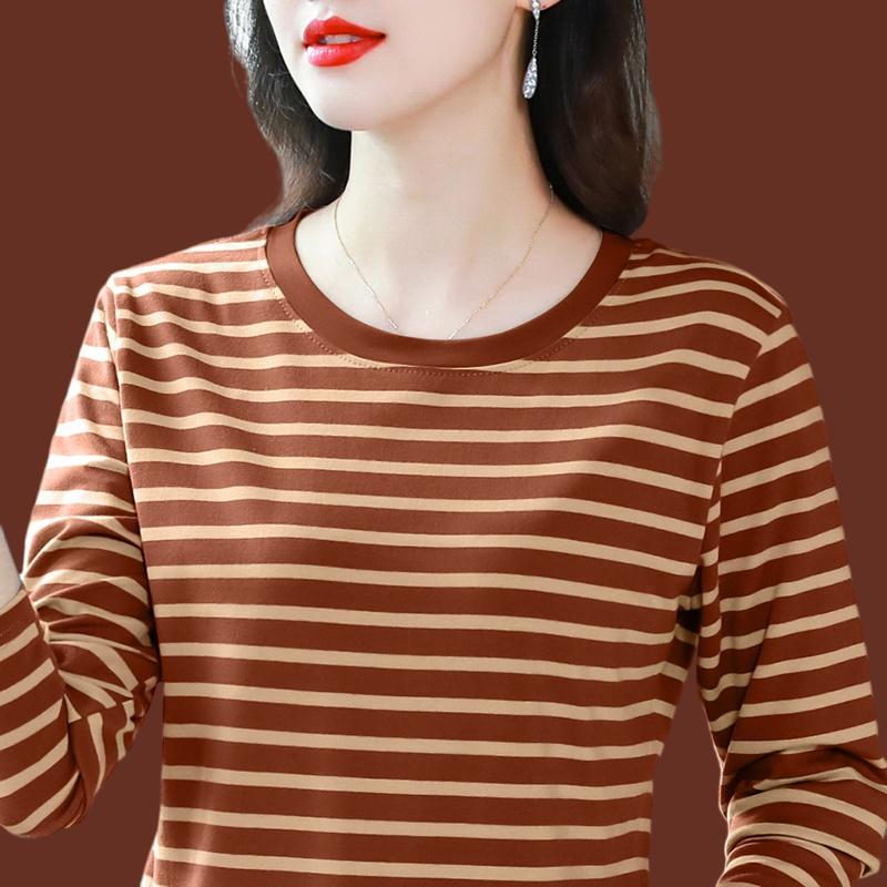 Breathable Cotton Long Sleeve Tshirt Women Loose Fit Simple Striped Casual Top Autumn