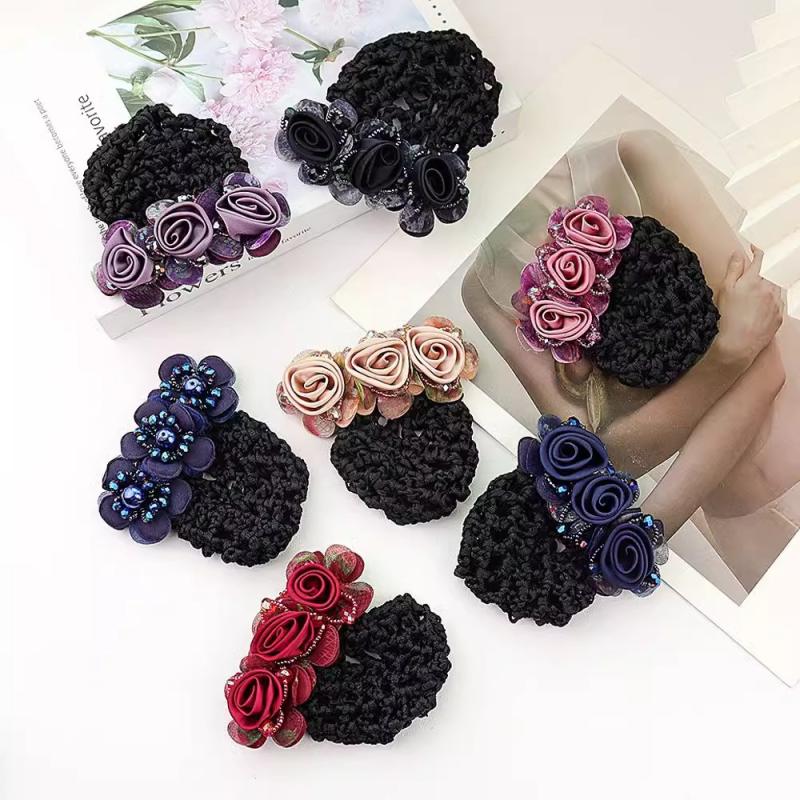 Women Hair Bun Cover Net Snood Hairnet Bow Barrette French Hair Clip Bow Ribbon Flower Hair Accessories For Banks Hotels Staff