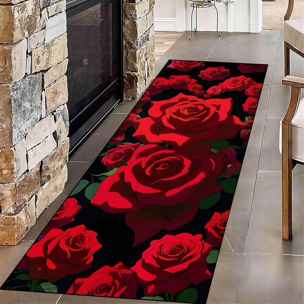Red Rose Heart Pattern Runner Rug Illustrated Art Home Decor Hallway Carpet Vintage Romantic Non-Slip Mat for Living Room