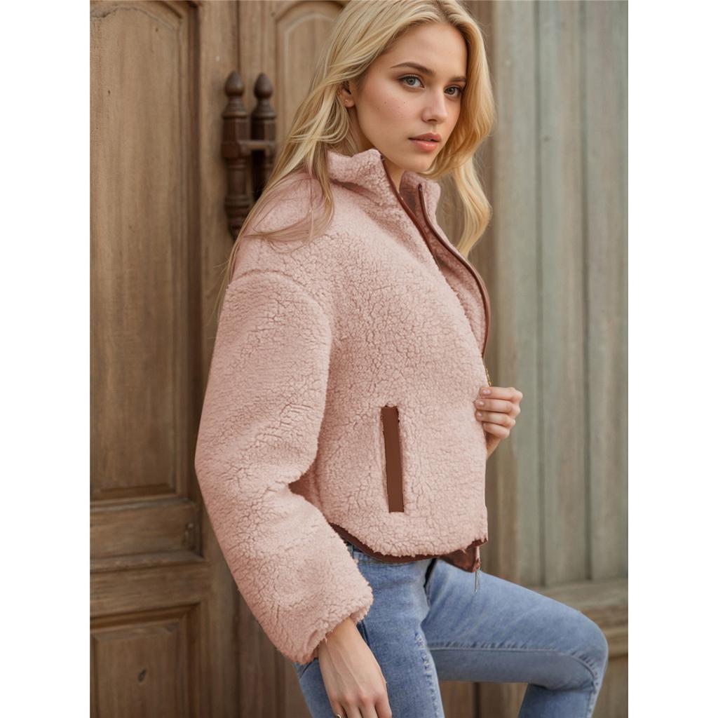 Women Fleece Zip‑Up Jacket Stand Collar Contrast Patch Pocket Long Sleeve Loose Warm Sherpa Coat Casual Outerwear