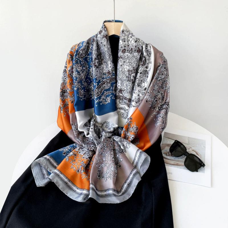 Spring and Summer Thin Silk Scarf High-end Printed Long Scarf New Satin Travel Sunscreen Scarf National Style Cloak