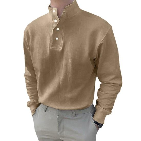 Høst Vår Herre Skjorte Knappelukket Halvåpen Ståkrage Lange Ermer Ensfarget Elastisk Mansjett Løs Pullover Hverdagsklær Kontortopp