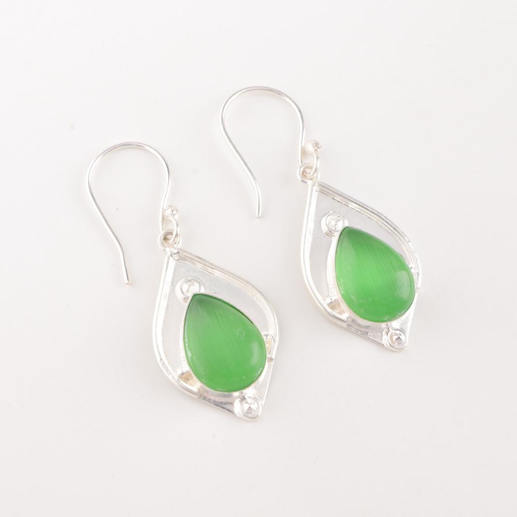Green Cat's Eye Gemstone 925 Stamped Silver Jewelry Handmade Boho Earrings 1.90" EE-35-46