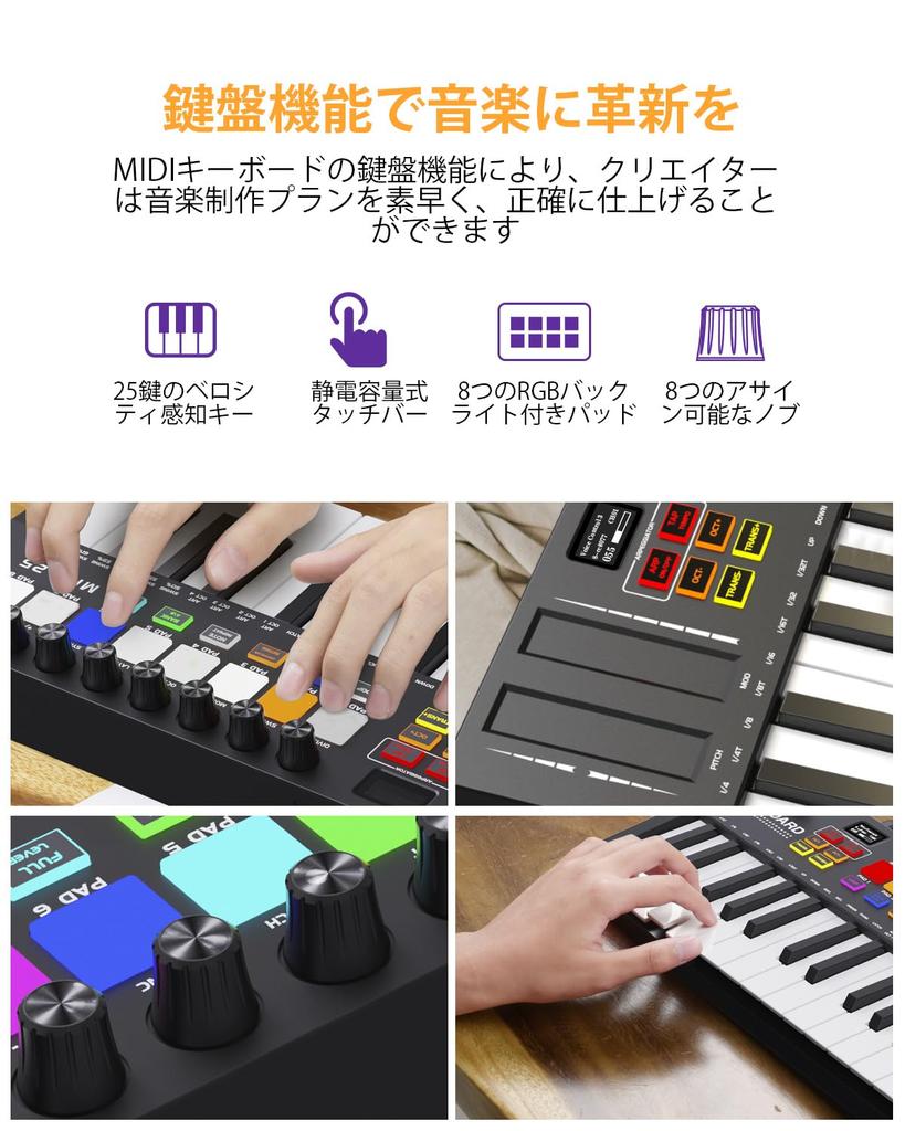 OYAYO MIDI-Keyboard mit Anschlagdynamik 8 Hintergrundbeleuchtete Drum-Pads 8 OLEDs und MIDI-Unterstützung mit DAW Musikproduktionssoftware 25 anschlagdynamische Tasten, Pads, Regler, Display,