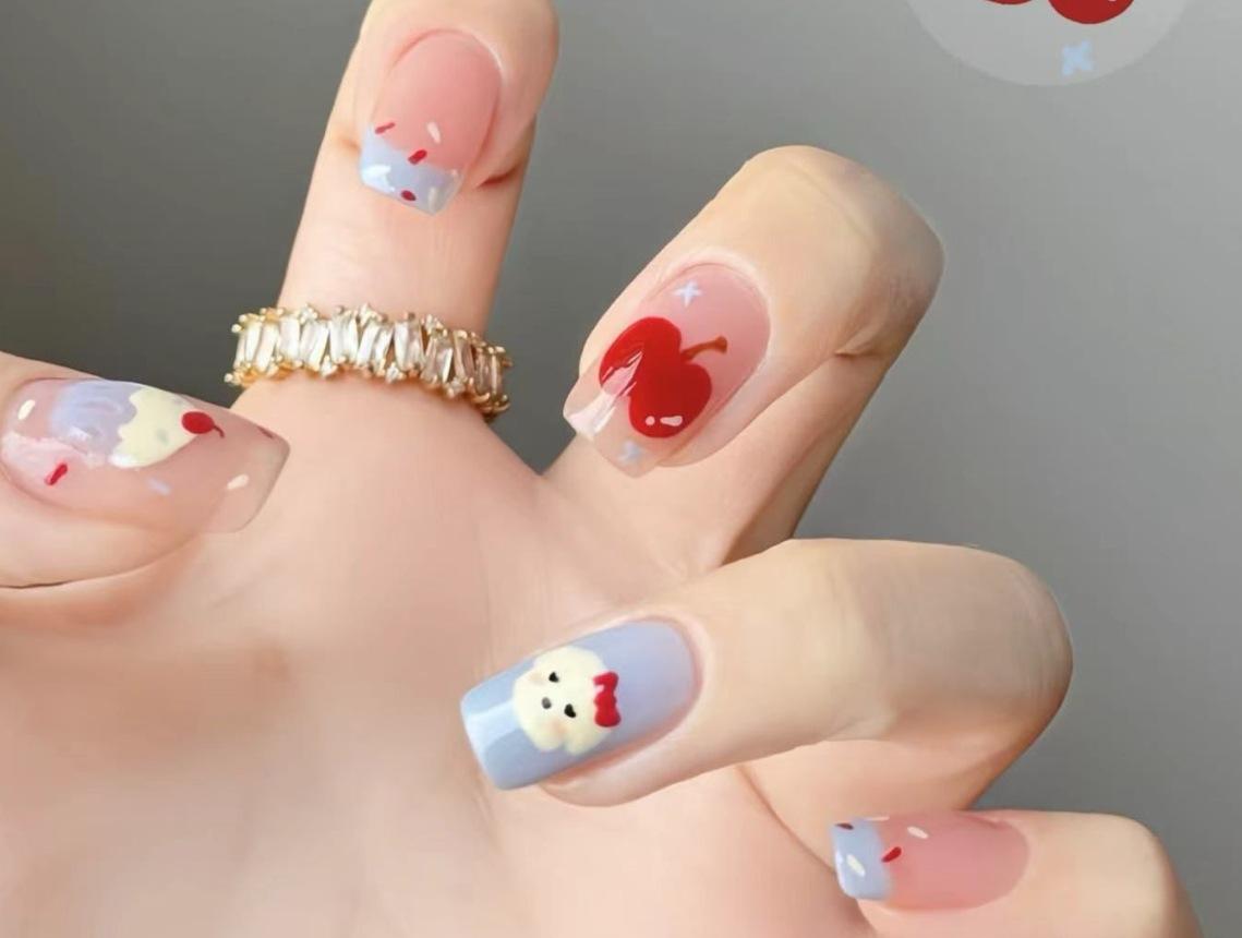 

Domestic spring and summer new hot-selling wearing armor small fresh and cute square French cake puppy dog fake nail piece Blue and pink dream [10 pieces xs] s123