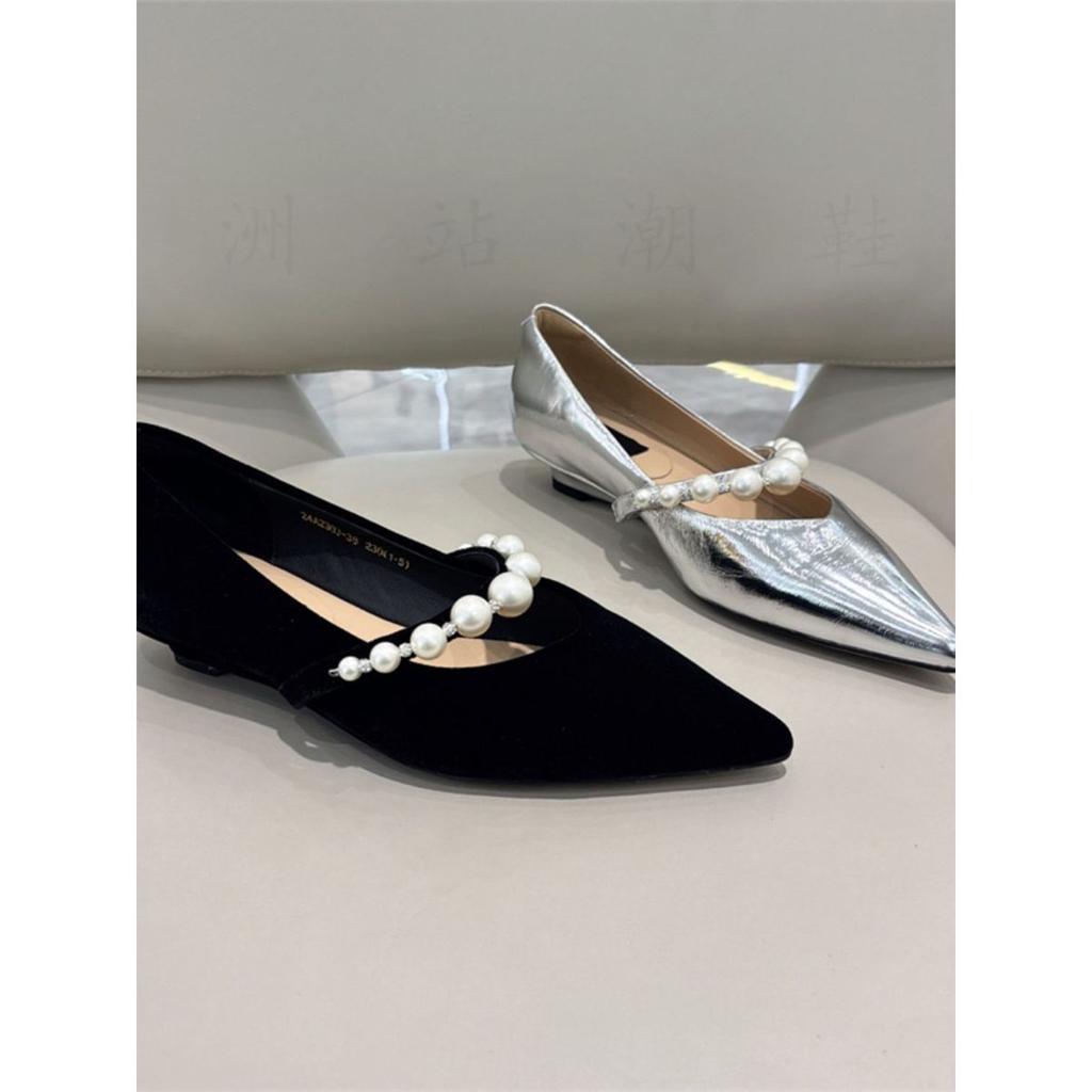 Fashion wedge heel European pointed pearl one-word belt women's shoes light mouth single shoes versatile flat heel lazy shoes 2025 spring