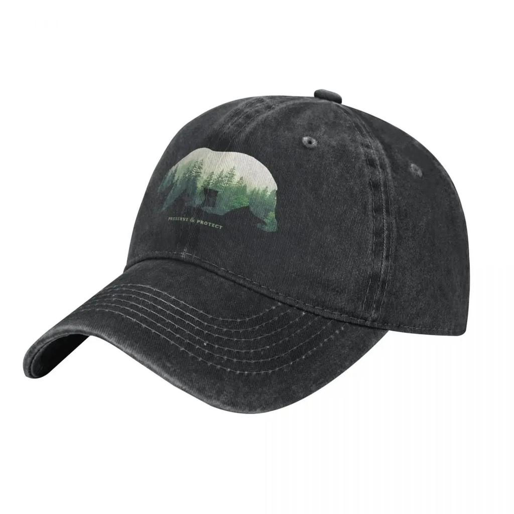 Double Exposure Bear  Forest Conserve  Protect Nature Demin Trucker Hat Breathable Design Mens Cap Womens Baseball Cap