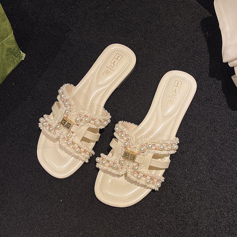 

Летние новые тапочки на плоской подошве Xiaoxiangfeng, женские, для весны, с мягкой подошвой, фея, универсальные, жемчужные, пляжные сандалии 35 розовый