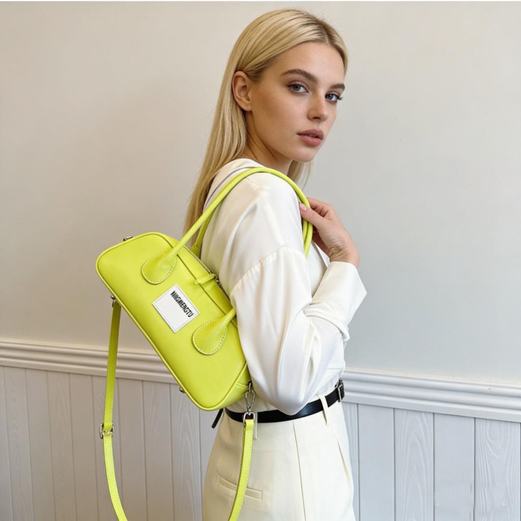 Neon Green Leather Shoulder Bag for Women - Trendy Baguette Handbag with Detachable Strap, Fashion Retro Purse