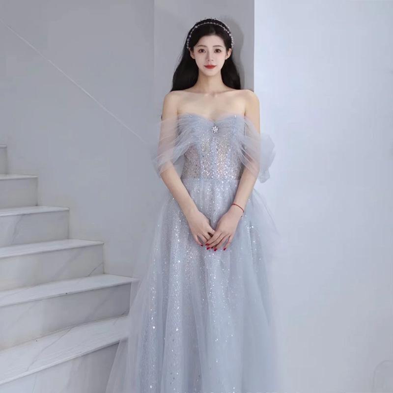 Evening Dress Sense 1011 New Blue Banquet Temperament Light Luxury Vocal Art Test Host Haute Couture Birthday Gauze Skirt