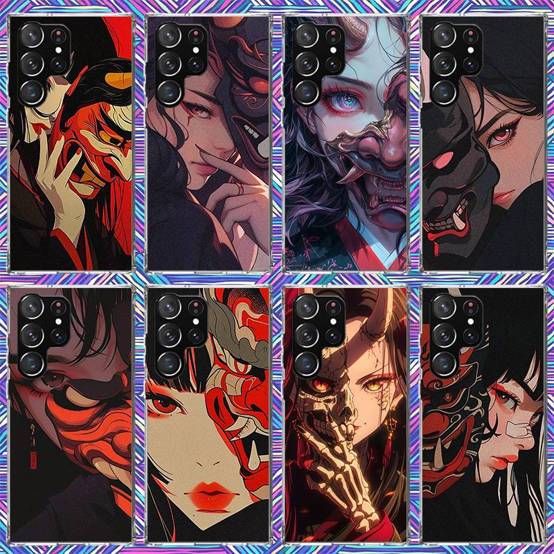 Japanese Oni Mask Girl Phone Case For Samsung Galaxy S23 S24 S25 Edge S26 Ultra S22 + S21 Plus S20 FE Cover Silicone Print Shell