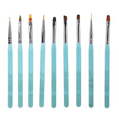 9 stk Neglekunst Børstesett Nylonhår Negledesign Børster med Gjennomsiktig Blå Metallstang for DIY Negle