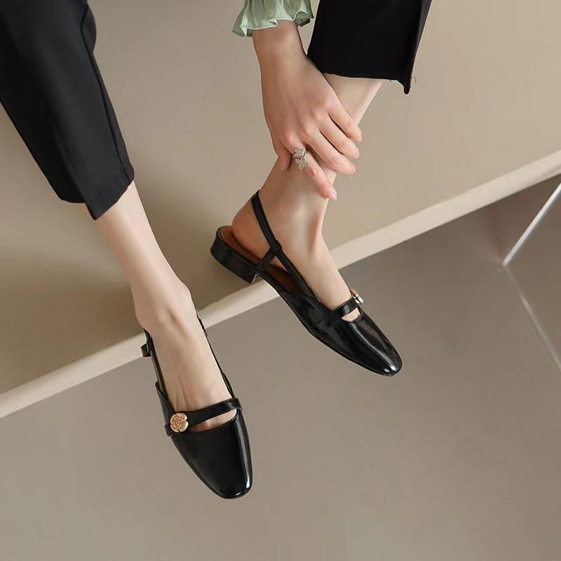 Beige Heeled Sandals Shoes Closed Toe Women's All Match Mary Jane Black Block Comfort Low Open Retro Girls Summer