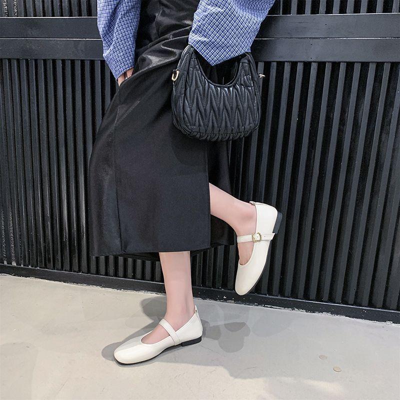 With Skirt One-word Buckle with Flat-soled Single Shoes, New Retro Shallow Mouth Square Head Comfortable and Versatile Single Shoes for Women