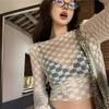 Spice Girl Wind Mesh Perspective Long Sleeve Crew Neck Shoulder T-Shirt Women's Summer Niche Chic Blouse Waist Skinny Top
