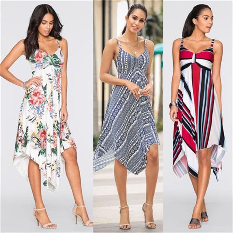Fashion Summer Womens Sleeveless Vneck Dress With Irregular Printing And Strap Details