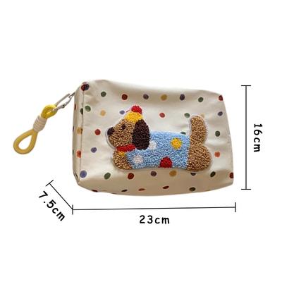 Large Capacity Cute Puppy Embroidered Canvas Makeup Bag with Lanyard Portable Travel Cosmetic Storage Organizer Waterproof Pouch