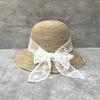 Sweet Lace Bow Streamer Straw Hat Women Spring Summer Thin Raffia Straw Bucket Hat Travel Vacation Visor