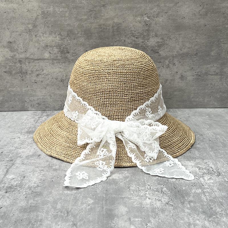 Sweet Lace Bow Streamer Straw Hat Women Spring Summer Thin Raffia Straw Bucket Hat Travel Vacation Visor